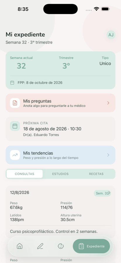 Pantalla Mi expediente de Lille con próxima cita, consultas, estudios y recetas