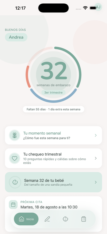 Pantalla de inicio de Lille mostrando la semana de embarazo, tu momento semanal y tu próxima cita