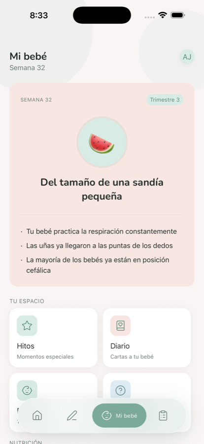 Pantalla Mi bebé de Lille mostrando el desarrollo semanal y accesos a hitos, diario, patadas y más