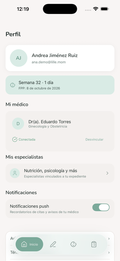 Pantalla Perfil de Lille mostrando el médico vinculado como Conectada y los especialistas vinculados