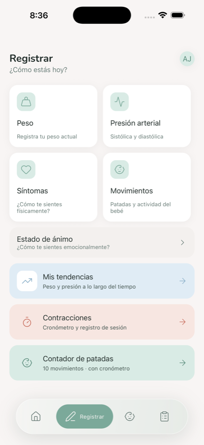 Pantalla Registrar de Lille con accesos a peso, presión, síntomas, movimientos, tendencias, contracciones y contador de patadas